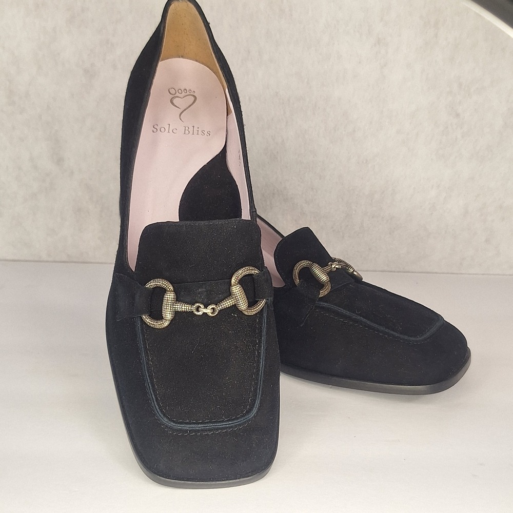 Sole Bliss Black Suede Block Heel Horsebit Loafers Square Toe Spain Size 38.5